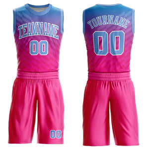 Custom Pink Light Blue-White Round Neck Sublimation Basketball Suit Jersey