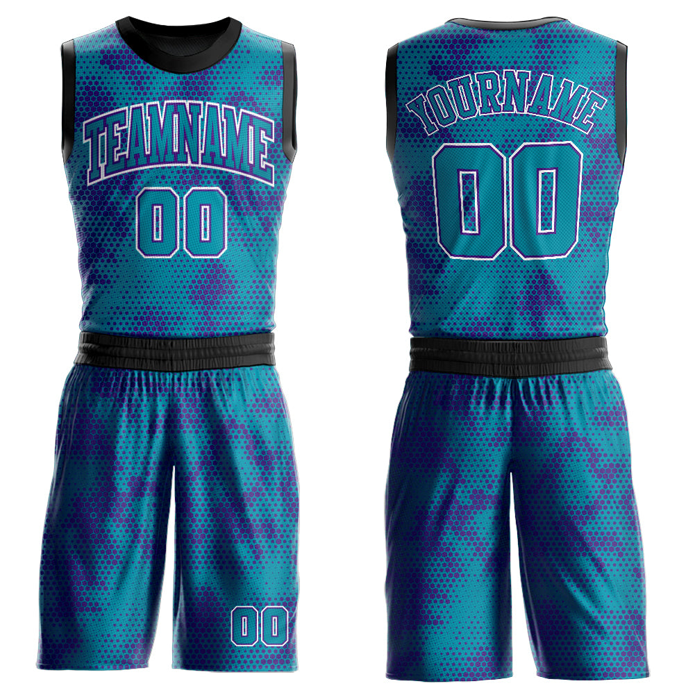 Custom Teal Purple-White Round Neck Sublimation Basketball Suit Jersey