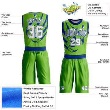 Custom Neon Green White-Royal Animals Claws Round Neck Sublimation Basketball Suit Jersey