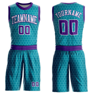 Custom Teal Purple-White Round Neck Sublimation Basketball Suit Jersey