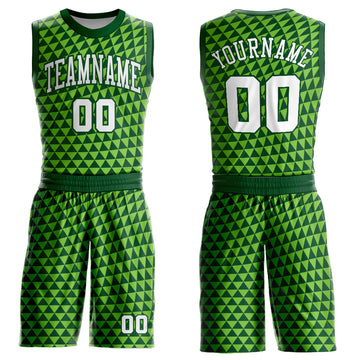 Custom Green White-Neon Green Triangle Shapes Round Neck Sublimation Basketball Suit Jersey