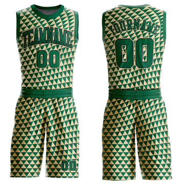 Custom Cream Kelly Green-Black Triangle Shapes Round Neck Sublimation Basketball Suit Jersey