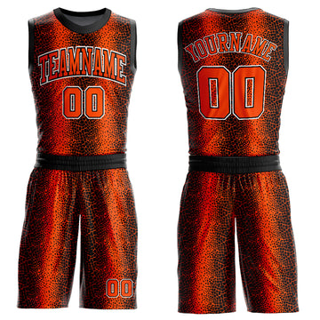 Custom Black Orange-White Animal Fur Print Round Neck Sublimation Basketball Suit Jersey