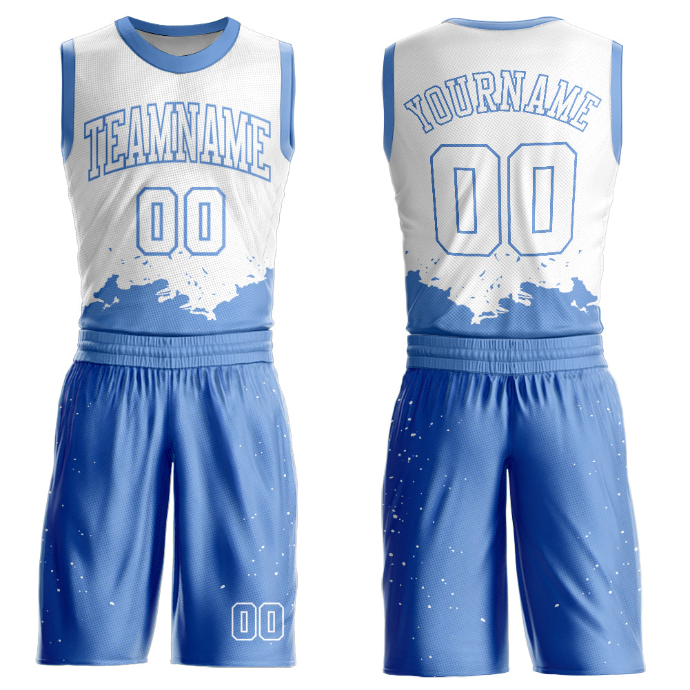 Custom White Light Blue Color Splash Round Neck Sublimation Basketball Suit Jersey