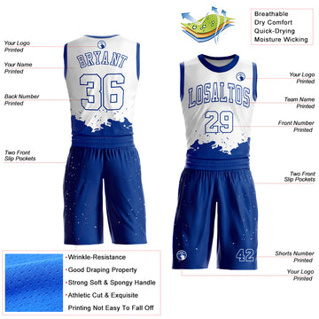 Custom White Royal Color Splash Round Neck Sublimation Basketball Suit Jersey