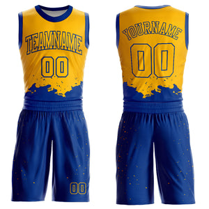 Custom Gold Royal Color Splash Round Neck Sublimation Basketball Suit Jersey