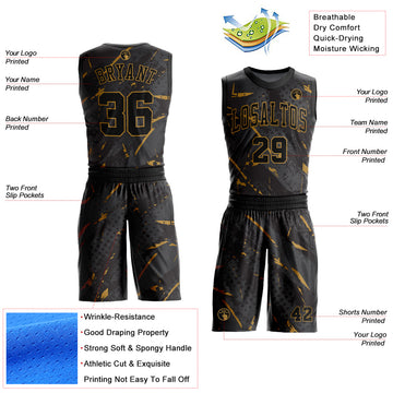 Custom Black Old Gold Bright Lines Round Neck Sublimation Basketball Suit Jersey