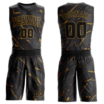 Custom Black Old Gold Bright Lines Round Neck Sublimation Basketball Suit Jersey