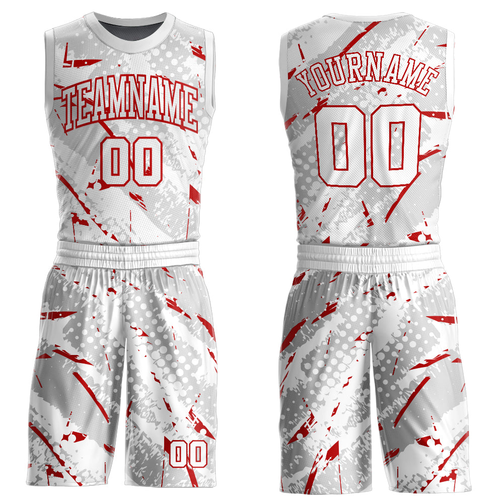 Custom White Red Bright Lines Round Neck Sublimation Basketball Suit Jersey