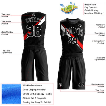 Custom Black White-Red Diagonal Lines Round Neck Sublimation Basketball Suit Jersey