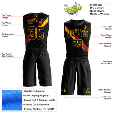Custom Black Yellow-Red Diagonal Lines Round Neck Sublimation Basketball Suit Jersey