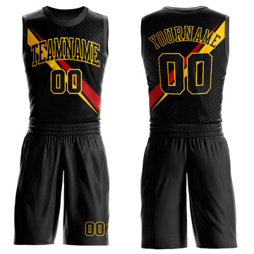 Custom Black Yellow-Red Diagonal Lines Round Neck Sublimation Basketball Suit Jersey