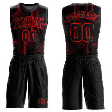 Custom Black Red Tracks Round Neck Sublimation Basketball Suit Jersey