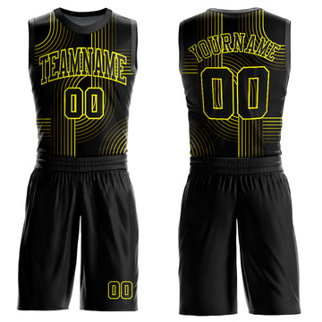 Custom Black Neon Yellow Tracks Round Neck Sublimation Basketball Suit Jersey