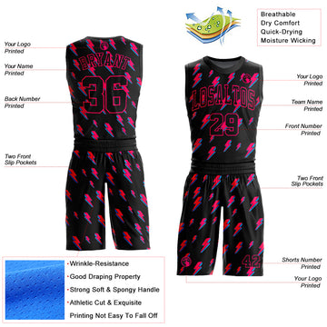 Custom Black Pink Lightning Shapes Round Neck Sublimation Basketball Suit Jersey