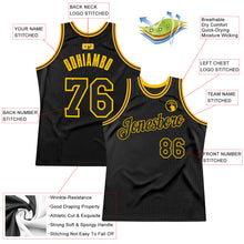 Load image into Gallery viewer, Custom Black Black Gold-Purple Authentic Throwback Basketball Jersey
