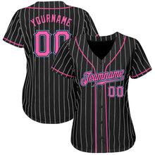 Load image into Gallery viewer, Custom Black White Pinstripe Pink-Light Blue Authentic Baseball Jersey

