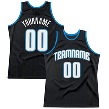 Load image into Gallery viewer, Custom Black Royal Pinstripe White-Blue Authentic  Basketball Jersey
