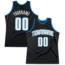 Load image into Gallery viewer, Custom Black Royal Pinstripe White-Blue Authentic Throwback Basketball Jersey
