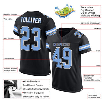 Custom Black Light Blue-White Mesh Authentic Football Jersey