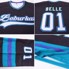 Load image into Gallery viewer, Custom Black White-Teal Hockey Jersey
