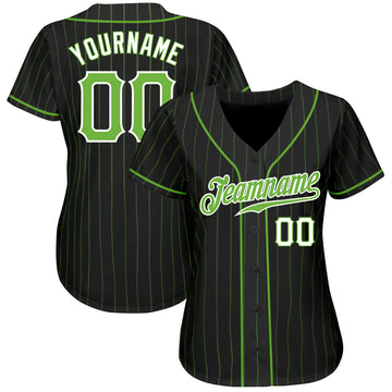 Custom Black Neon Green Pinstripe Neon Green-White Authentic Baseball Jersey