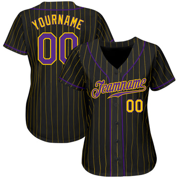 Custom Black Gold Pinstripe Purple-Gold Authentic Baseball Jersey