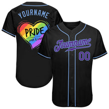 Load image into Gallery viewer, Custom Black Purple-Light Blue Rainbow Colored Heart For Pride Love Is Love LGBT Authentic Baseball Jersey
