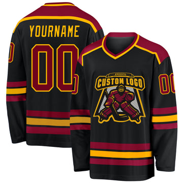 Custom Black Maroon-Gold Hockey Jersey