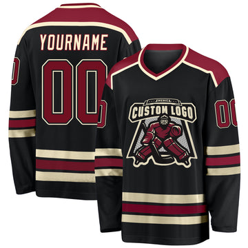 Custom Black Crimson-Cream Hockey Jersey