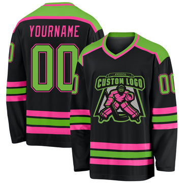 Custom Black Neon Green-Pink Hockey Jersey