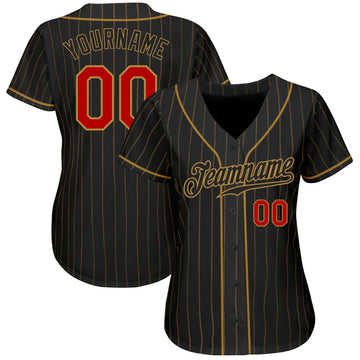 Custom Black Old Gold Pinstripe Red-Old Gold Authentic Baseball Jersey