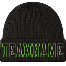 Load image into Gallery viewer, Custom Black Black-Neon Green Stitched Cuffed Knit Hat
