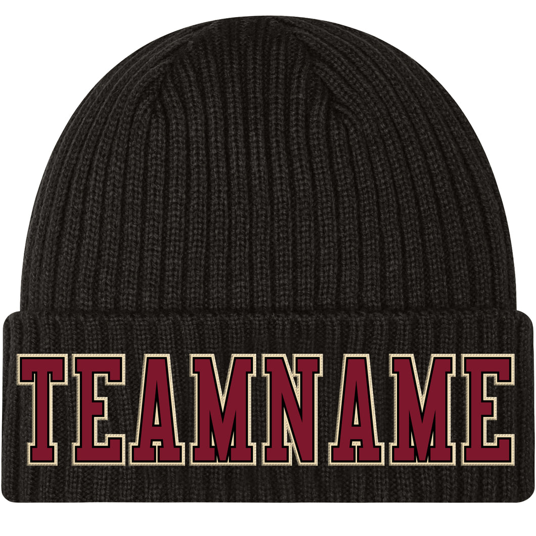 Custom Black Crimson-Cream Stitched Cuffed Knit Hat