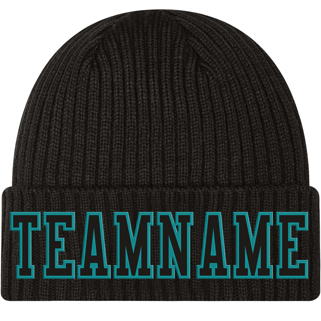 Custom Black Black-Aqua Stitched Cuffed Knit Hat