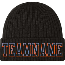 Load image into Gallery viewer, Custom Black Black Light Blue-Orange Stitched Cuffed Knit Hat
