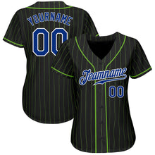Load image into Gallery viewer, Custom Black Neon Green Pinstripe Royal-White Authentic Baseball Jersey
