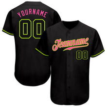 Load image into Gallery viewer, Custom Black Black Neon Green-Pink Authentic Baseball Jersey
