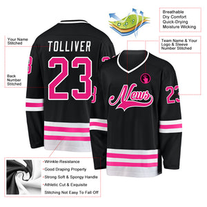 Custom Black Hot Pink-White Hockey Jersey