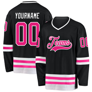 Custom Black Hot Pink-White Hockey Jersey