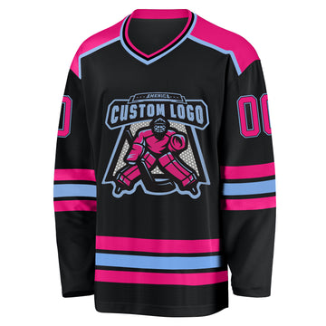 Custom Black Hot Pink-Light Blue Hockey Jersey