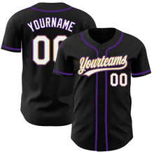 Load image into Gallery viewer, Custom Black White Old Gold-Purple Authentic Baseball Jersey

