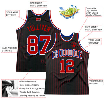 Custom Black Red Pinstripe Red-Royal Authentic Basketball Jersey