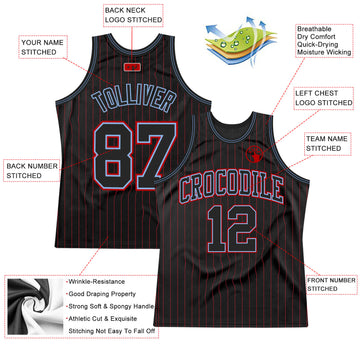 Custom Black Red Pinstripe Black Light Blue-Red Authentic Basketball Jersey