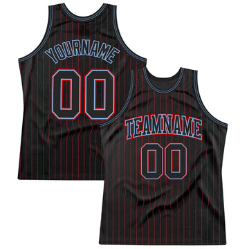 Custom Black Red Pinstripe Black Light Blue-Red Authentic Basketball Jersey