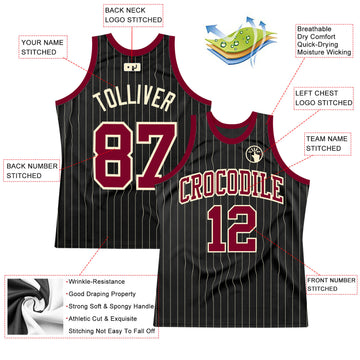 Custom Black Cream Pinstripe Maroon-Cream Authentic Basketball Jersey