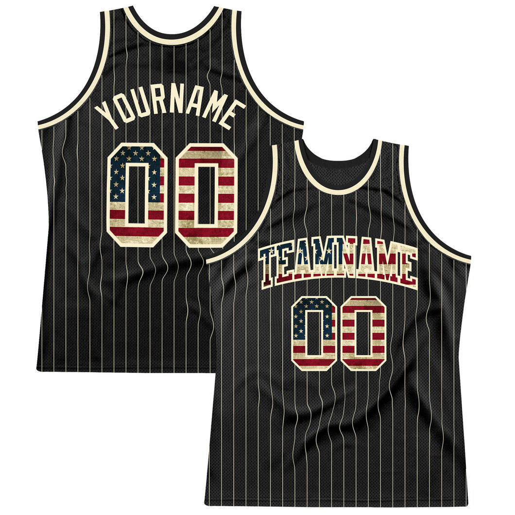 Custom Black Cream Pinstripe Vintage USA Flag-Cream Authentic Basketball Jersey