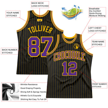 Custom Black Gold Pinstripe Purple-Gold Authentic Basketball Jersey