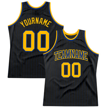 Custom Black Royal Pinstripe Gold-Royal Authentic Basketball Jersey