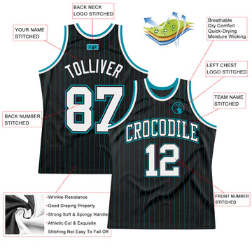 Custom Black Teal Pinstripe White Black-Teal Authentic Basketball Jersey